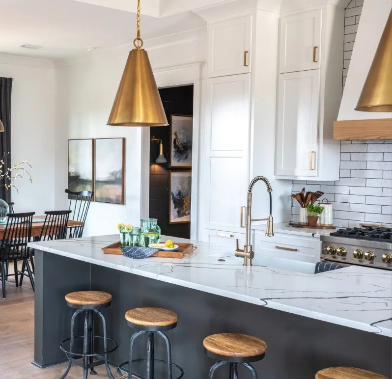 Custom kitchen cabinets with a marble waterfall island in North Little Rock, AR
